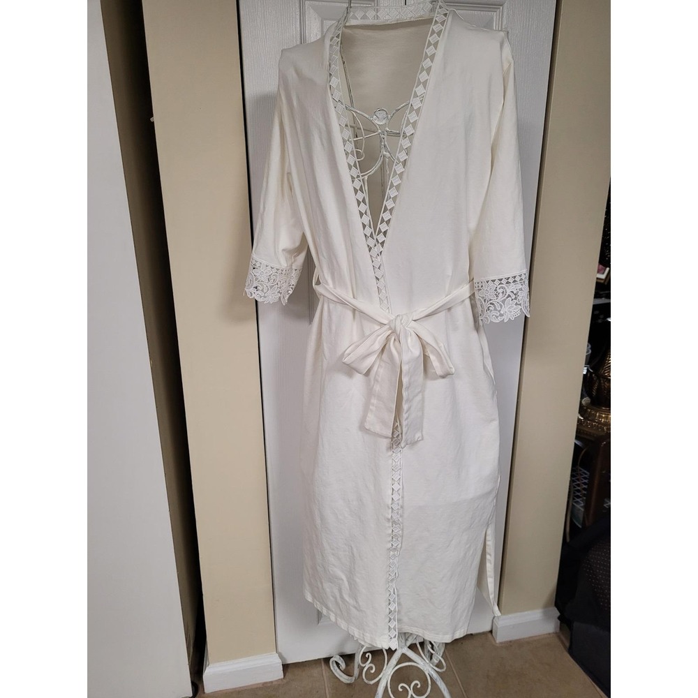 White Lace/Crochet Trim Stretch Midi Robe Wrap Kimono Belt Coquette Girl Size S